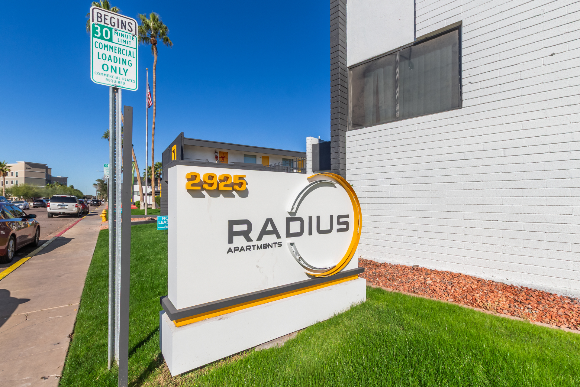 Building exterior at Radius Apartments.